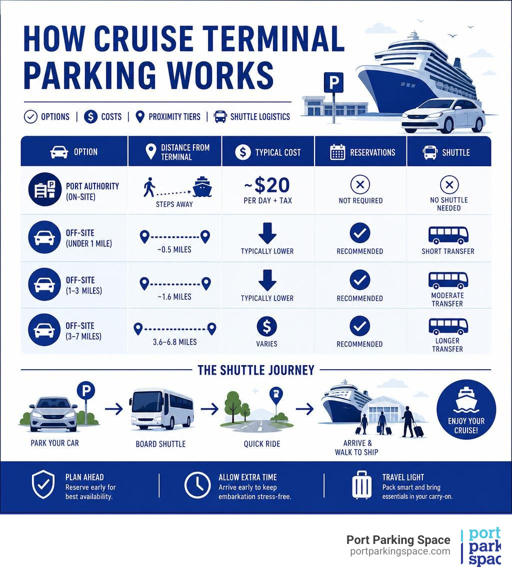 How cruise terminal parking works: options, costs, proximity tiers, and shuttle logistics infographic
