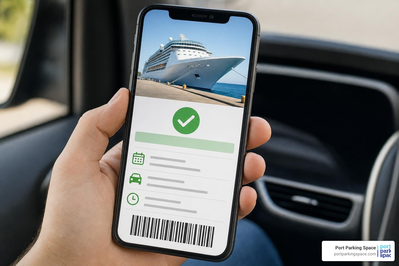 Offsite cruise parking reservation confirmation receipt on a smartphone screen