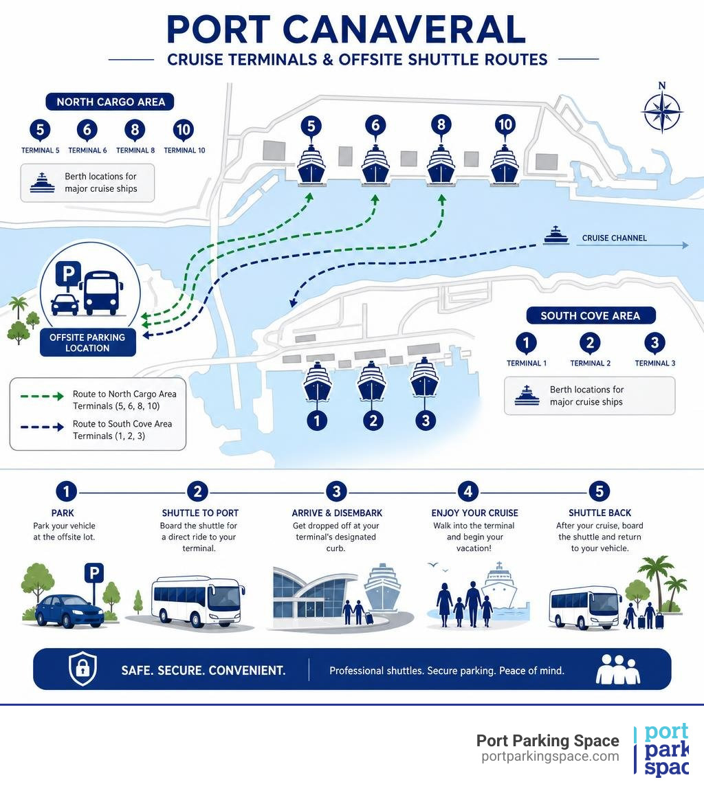 Infographic showing the layout of Port Canaveral cruise terminals and offsite shuttle routes infographic Infographic showing the layout of Port Canaveral cruise terminals and offsite shuttle routes infographic