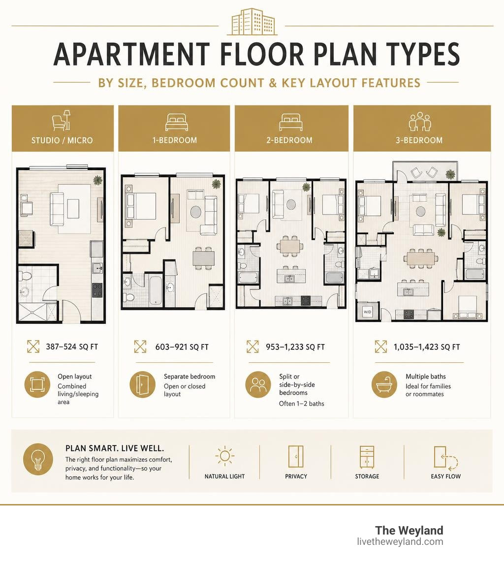 Infographic showing apartment floor plan types by size, bedroom count, and key layout features infographic