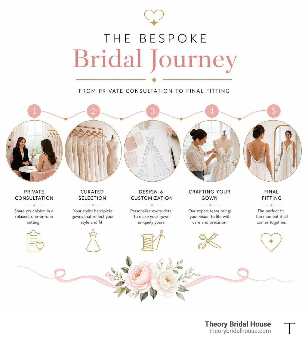 Infographic showing the bespoke bridal journey from private consultation to final fitting infographic