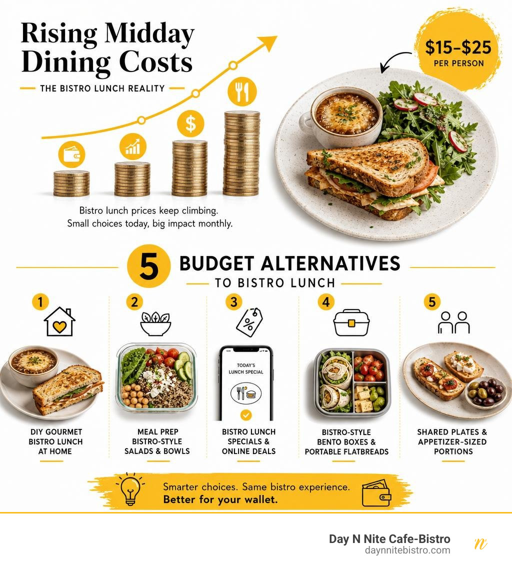 Infographic showing rising midday dining costs and 5 budget alternatives to bistro lunch infographic