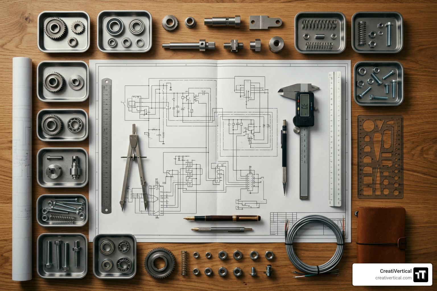 A meticulous, top-down view of an industrial engineer's workspace with blueprint tools and a clean layout