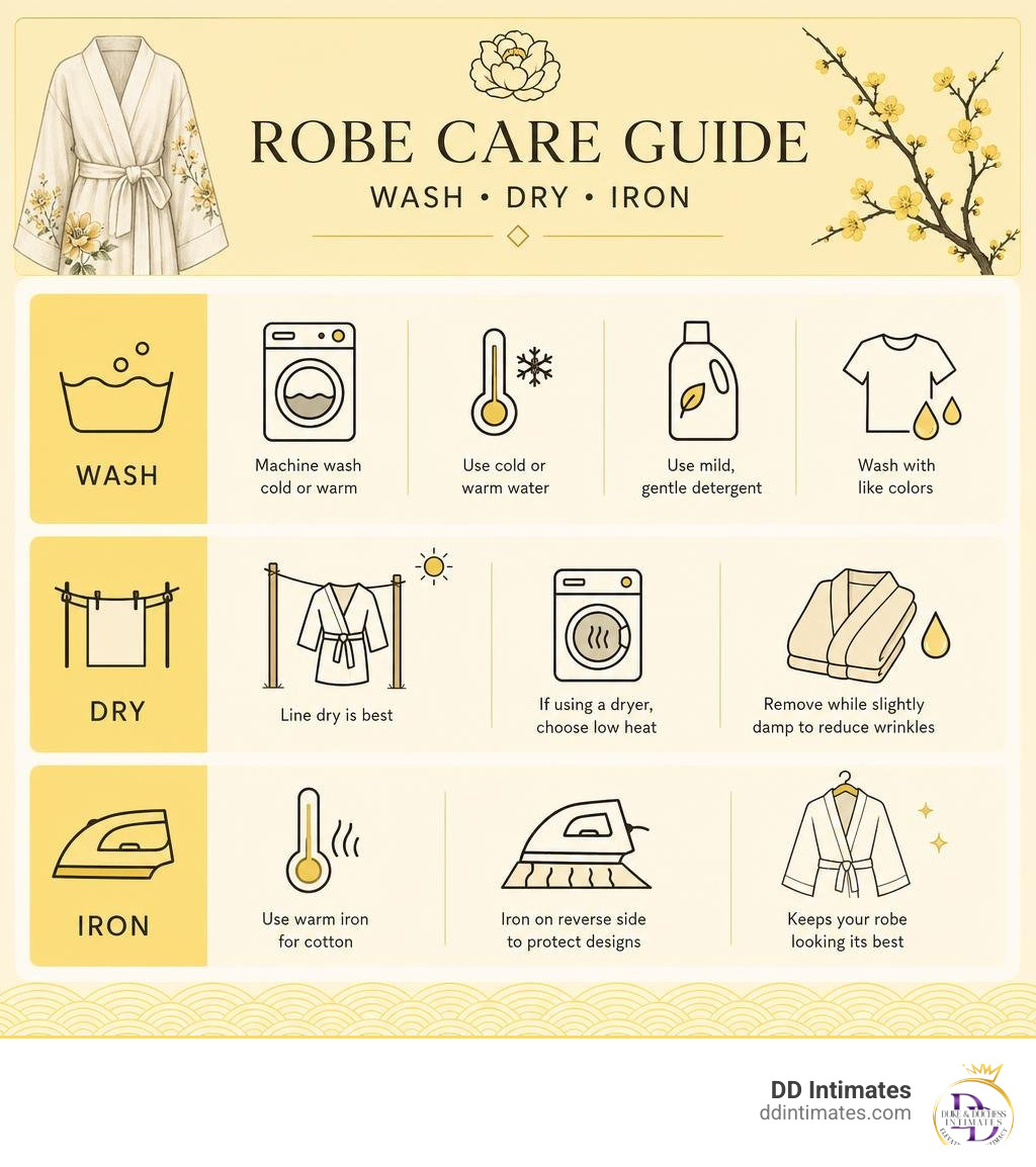 Infographic with simple laundry symbols for washing, drying, and ironing robes infographic