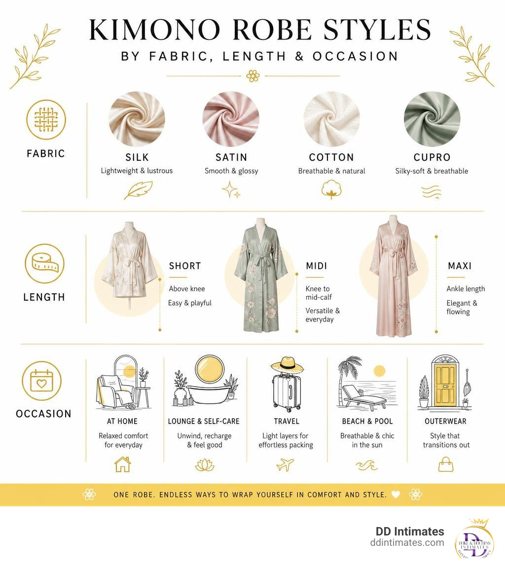 Infographic comparing kimono robe styles by fabric, length, and occasion infographic