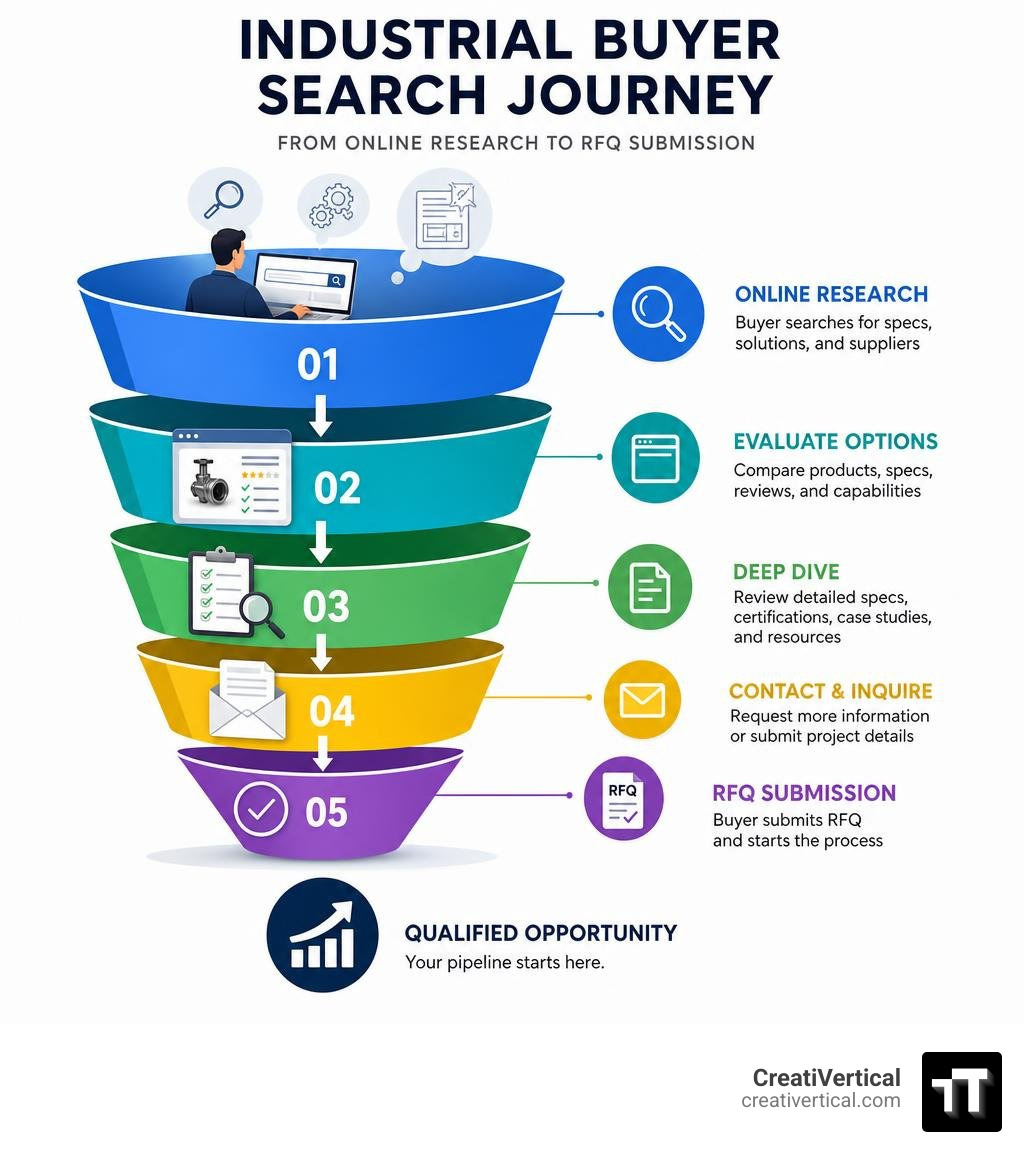 industrial buyer search journey funnel from online research to RFQ submission infographic