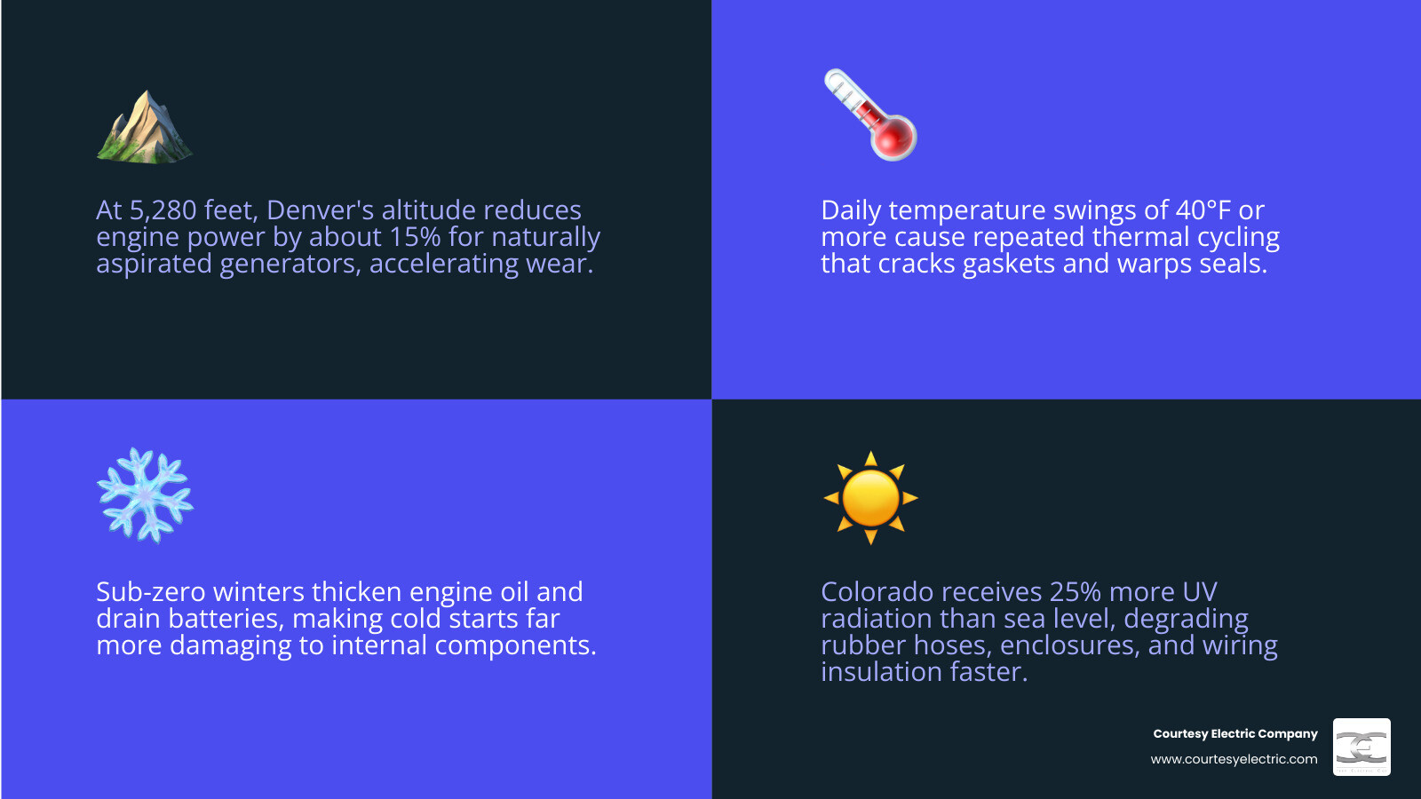 Infographic showing Colorado climate factors that reduce generator lifespan including altitude, temperature swings, UV Infographic showing Colorado climate factors that reduce generator lifespan including altitude, temperature swings, UV