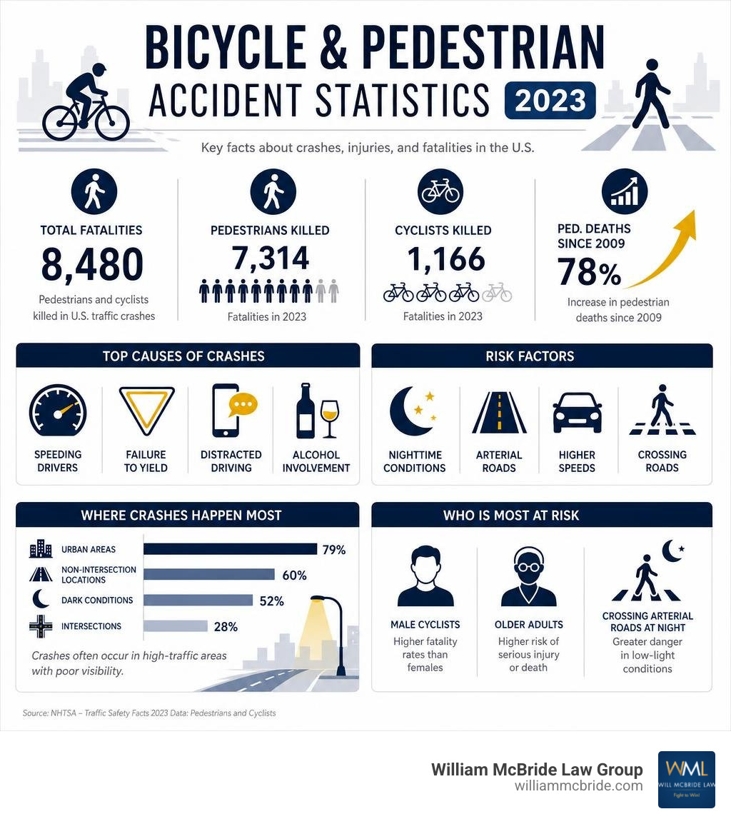 Infographic showing 2023 bicycle and pedestrian accident statistics including fatalities, injuries, top causes, and risk