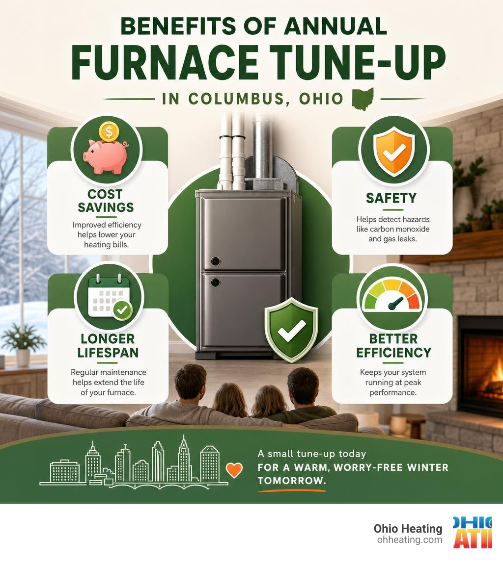 Benefits of annual AC tune-up in Columbus Ohio: cost savings, safety, lifespan, efficiency infographic