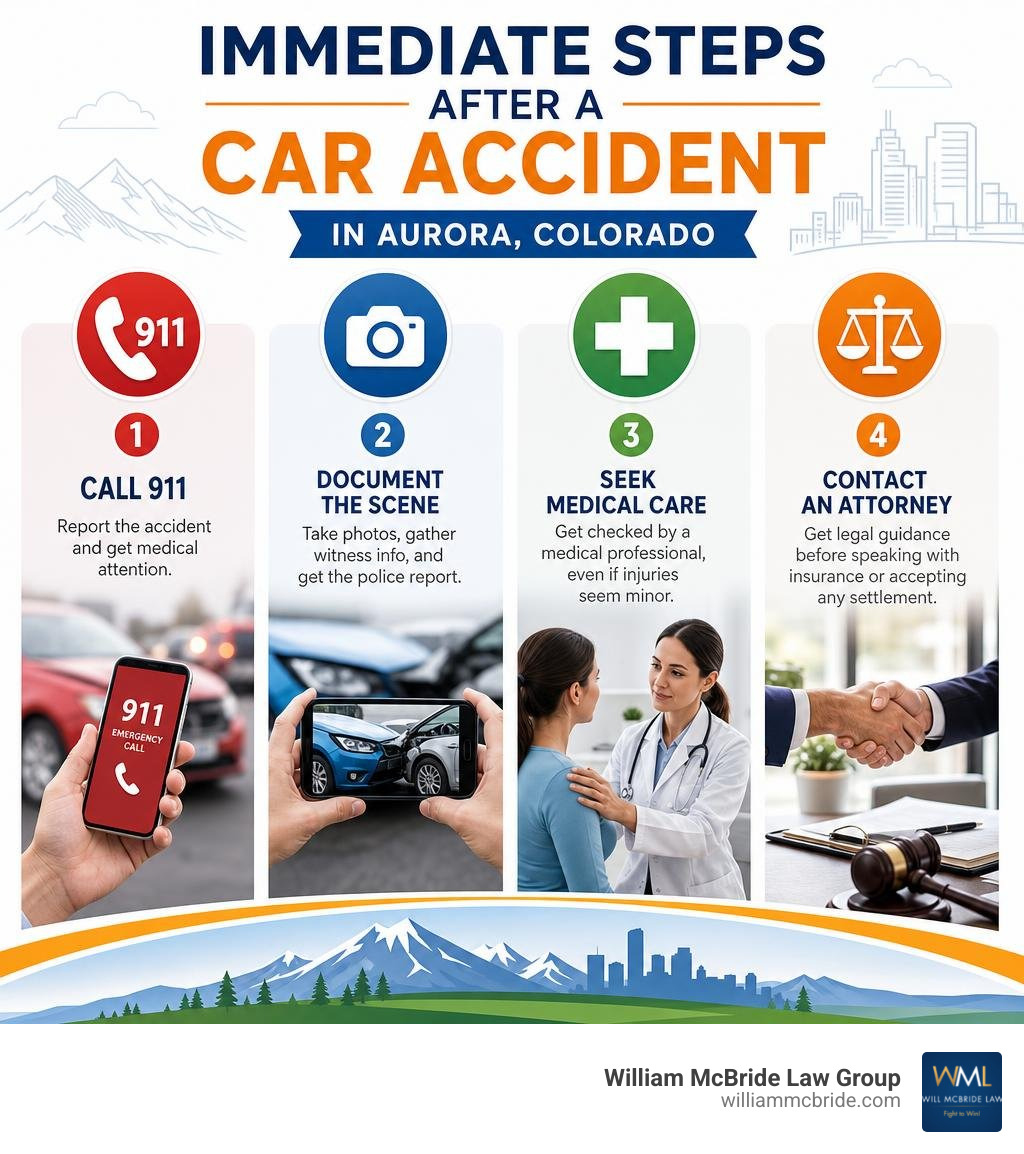 Infographic: Immediate steps after a car accident in Aurora Colorado - call 911, document scene, seek medical care, contact