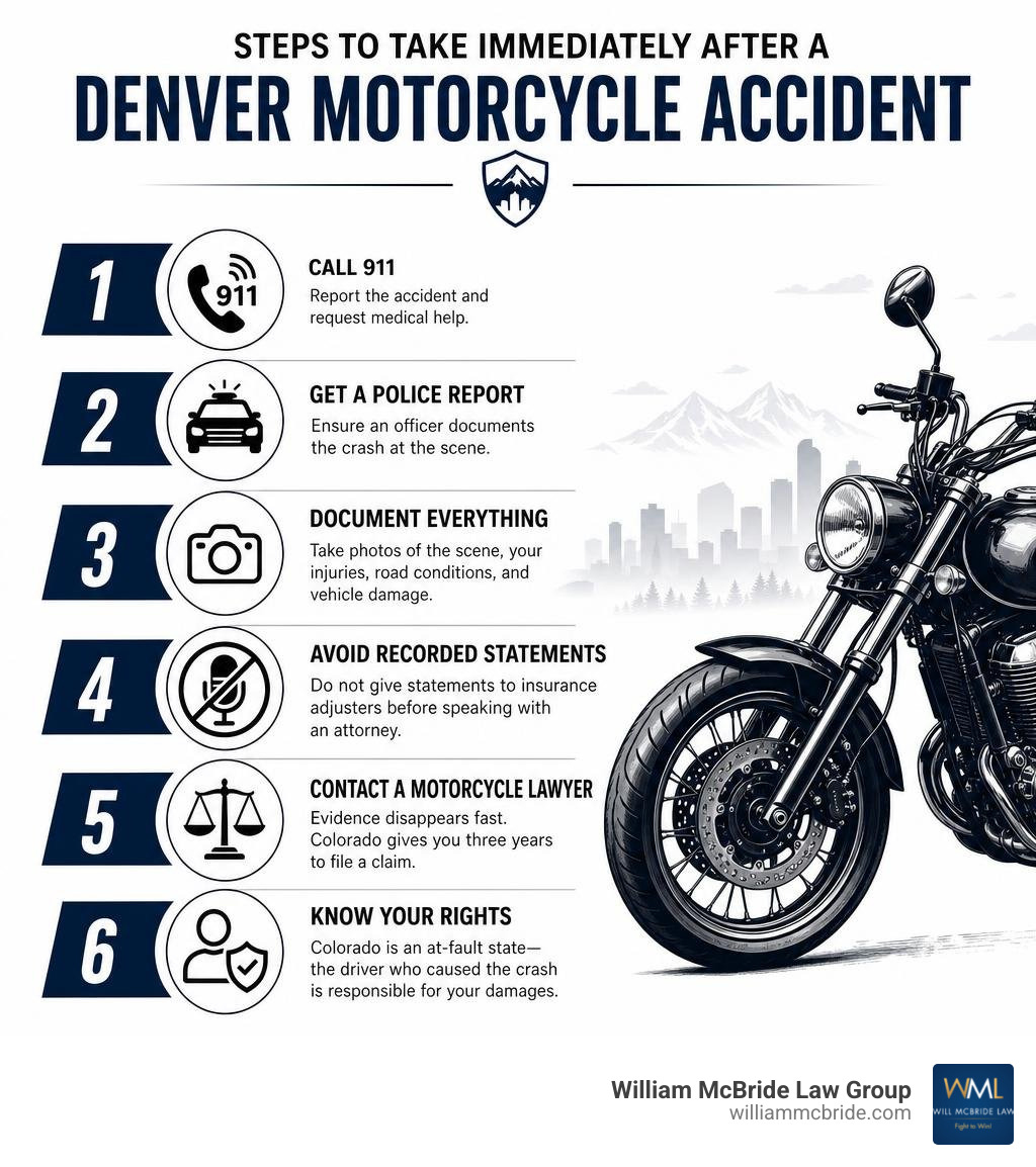 Steps to take immediately after a Denver motorcycle accident, from calling 911 to contacting a lawyer infographic Steps to take immediately after a Denver motorcycle accident, from calling 911 to contacting a lawyer infographic