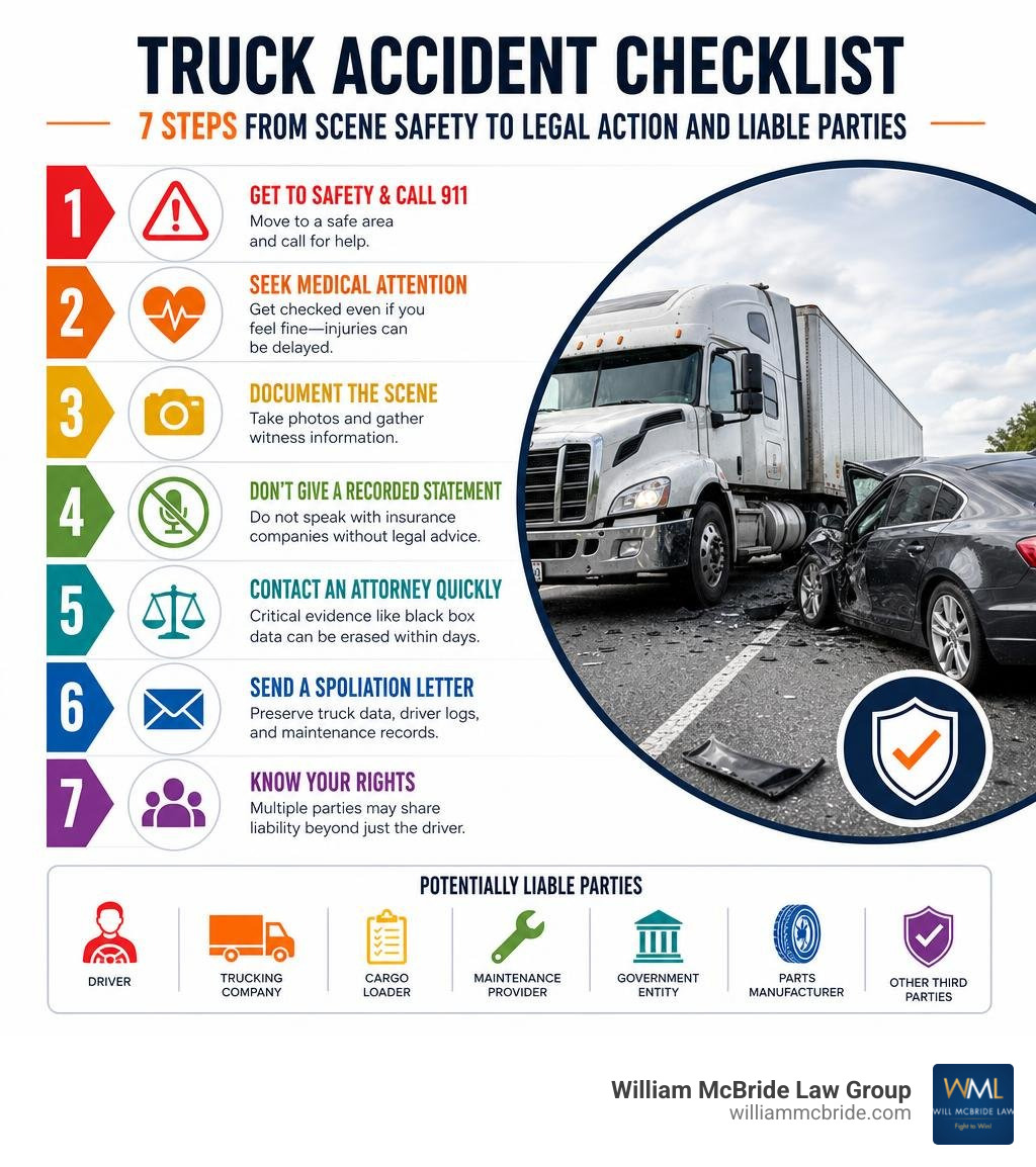 Truck accident checklist infographic: 7 steps from scene safety to legal action and liable parties infographic Truck accident checklist infographic: 7 steps from scene safety to legal action and liable parties infographic