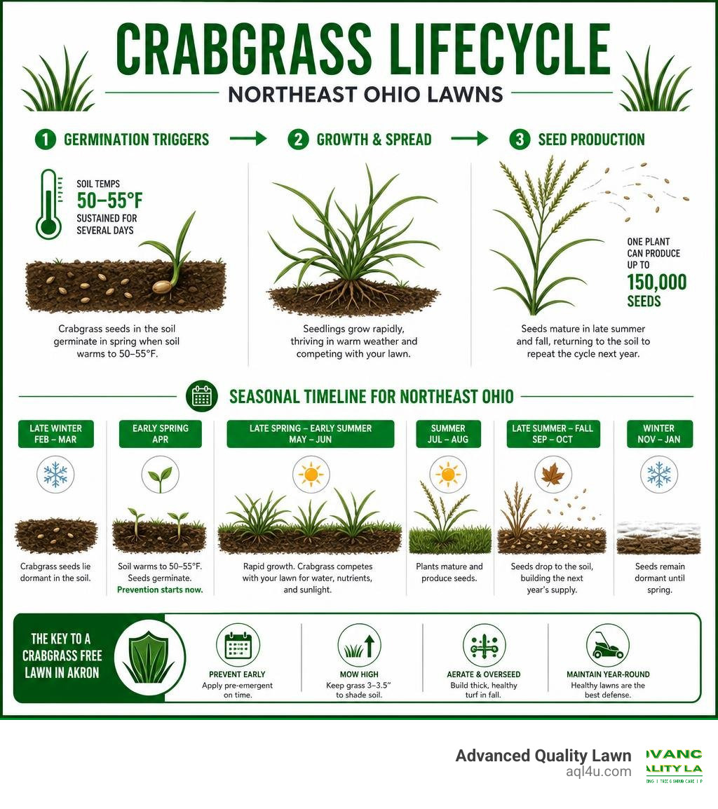 Crabgrass lifecycle infographic showing germination triggers, seed production, and seasonal timeline for Northeast Ohio Crabgrass lifecycle infographic showing germination triggers, seed production, and seasonal timeline for Northeast Ohio