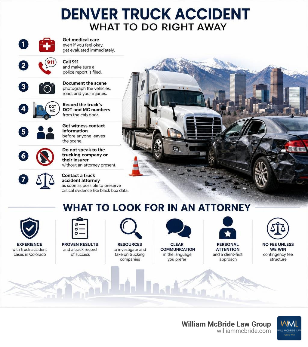 Steps to take immediately after a Denver truck accident and what to look for in an attorney infographic