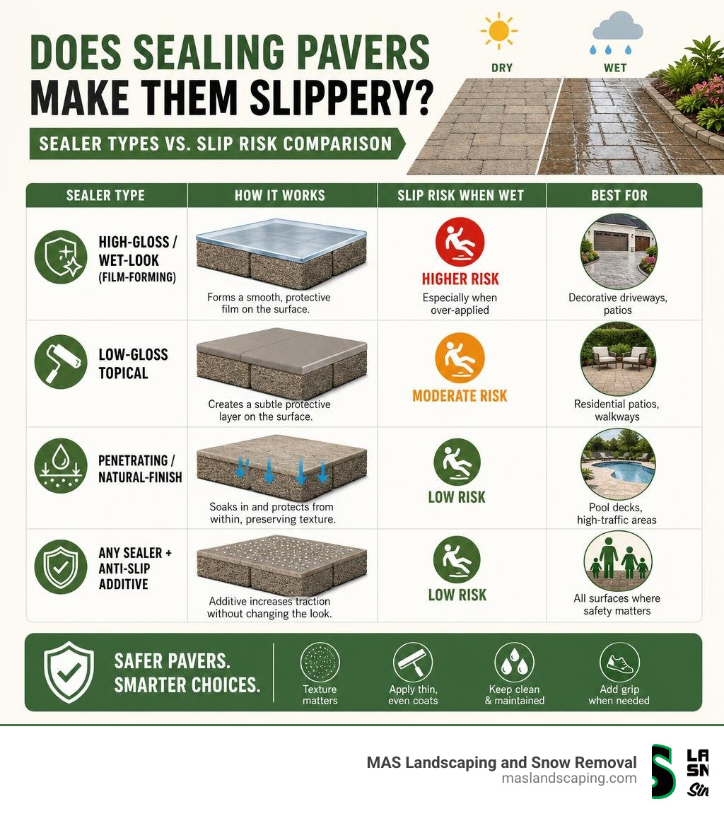 Infographic: Does Sealing Pavers Make Them Slippery? Sealer types vs. slip risk comparison chart infographic Infographic: Does Sealing Pavers Make Them Slippery? Sealer types vs. slip risk comparison chart infographic