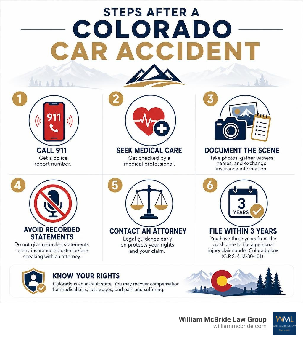 Steps after a Colorado car accident infographic showing call 911, seek medical care, document scene, avoid recorded Steps after a Colorado car accident infographic showing call 911, seek medical care, document scene, avoid recorded
