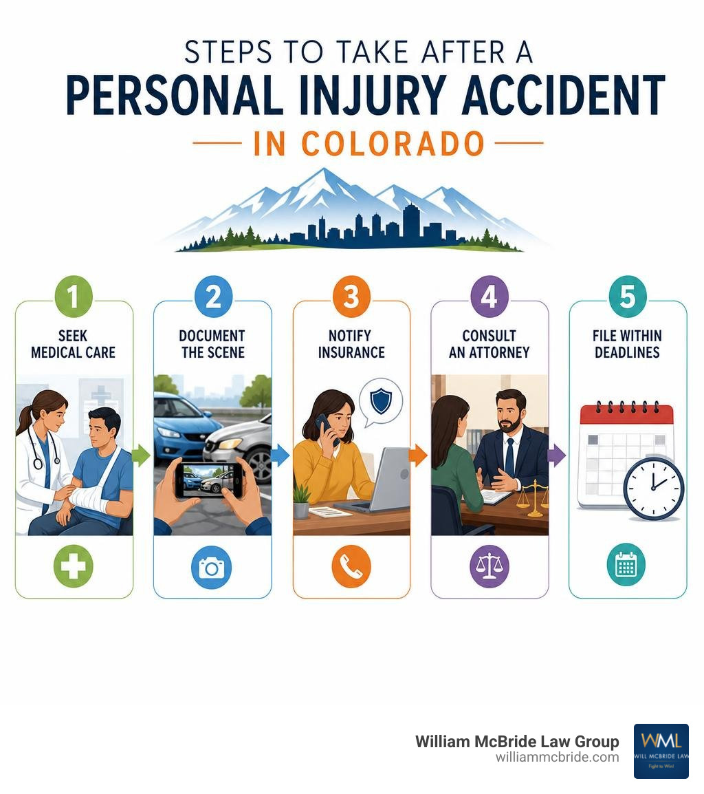 Steps to take after a personal injury accident in Colorado: seek medical care, document the scene, notify insurance, consult Steps to take after a personal injury accident in Colorado: seek medical care, document the scene, notify insurance, consult