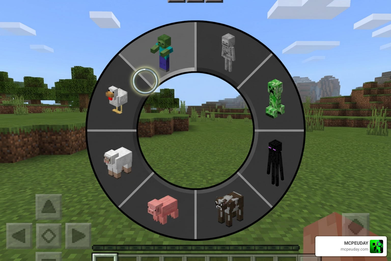 Minecraft PE in-game morph selection radial menu showing unlocked mobs
