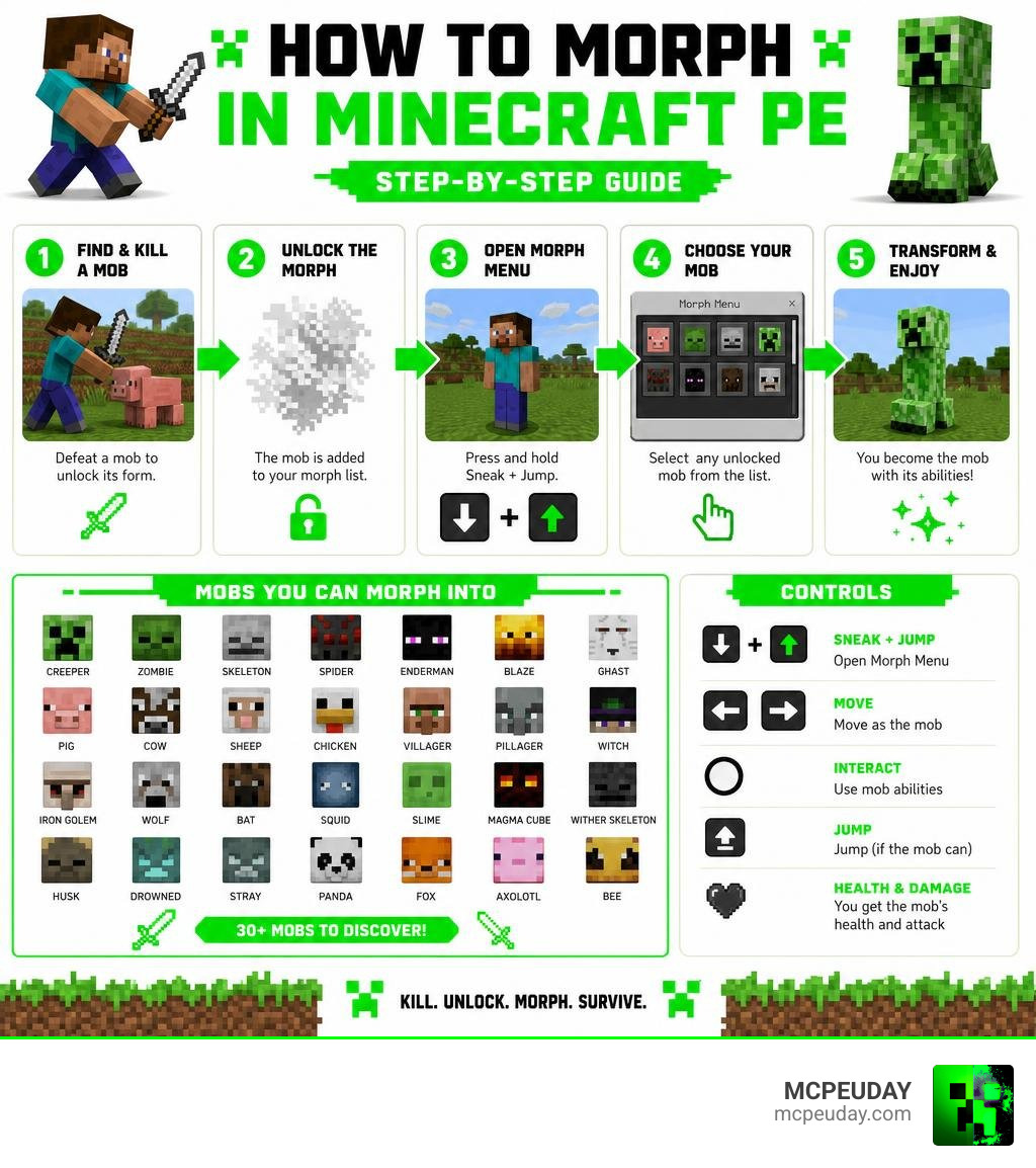 How to morph in Minecraft PE step-by-step infographic with mob list and controls infographic