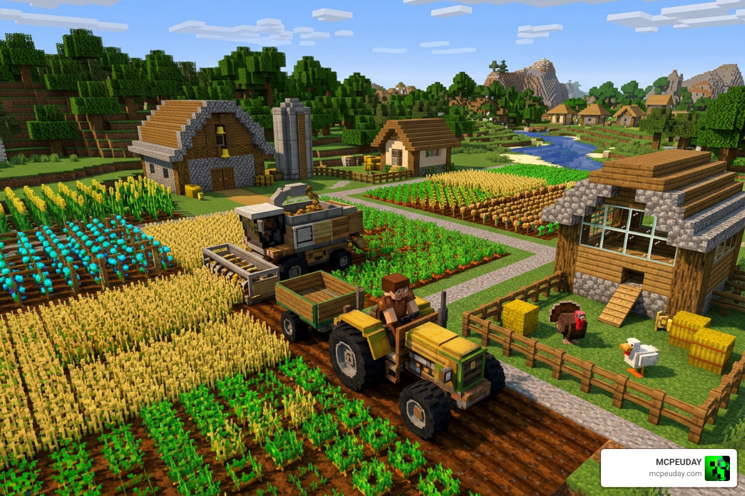Custom crops, farming machinery, turkey, duck, and tractors in Minecraft