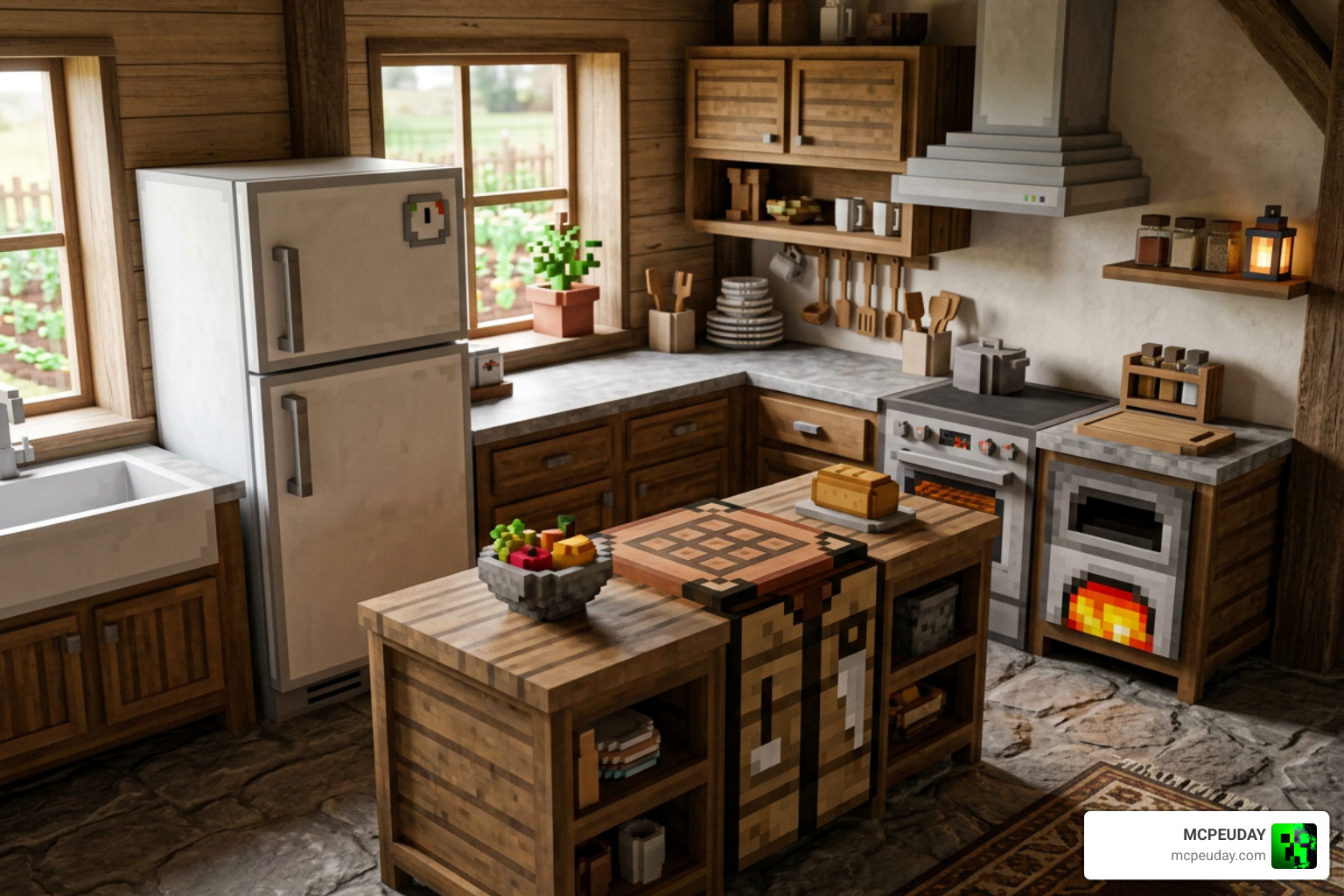 Minecraft kitchen crafting blocks like Countertop, Freezer, and Oven