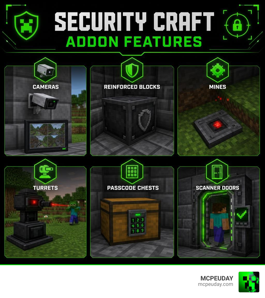 Infographic showing Security Craft Addon features: cameras, reinforced blocks, mines, turrets, passcode chests, and scanner