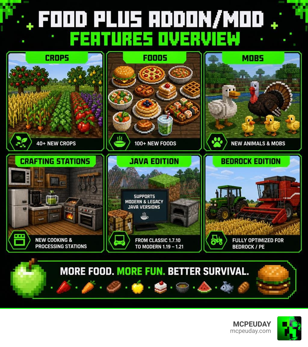 Food Plus Addon MOD features overview infographic Java Bedrock crops foods mobs crafting stations infographic