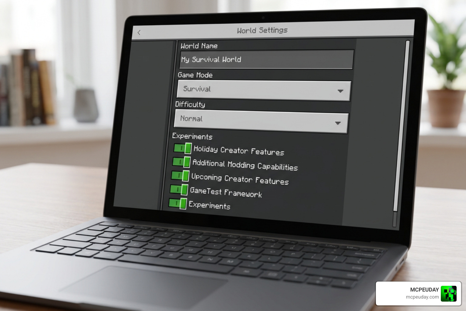 Minecraft world settings menu showing experimental toggles