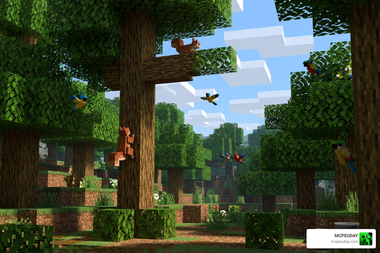 Squirrels and birds in Minecraft nature expansion