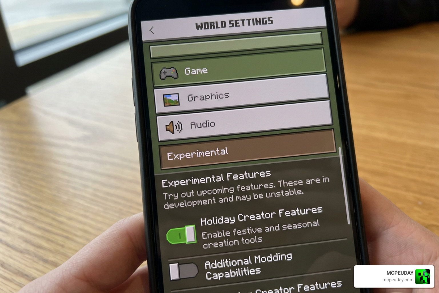 Minecraft PE experimental settings menu toggling holiday creator features Minecraft PE experimental settings menu toggling holiday creator features