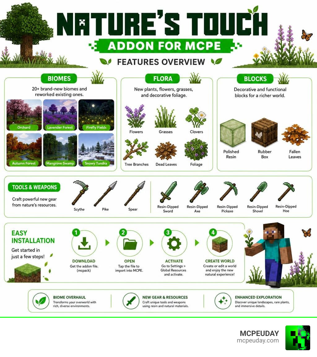 Nature's Touch Addon for MCPE features overview infographic with biomes flora tools and installation steps infographic