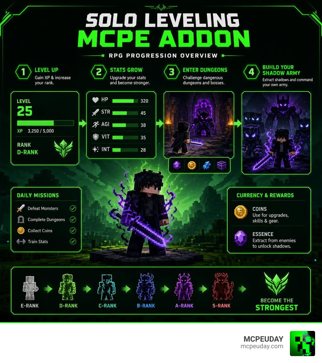 Solo Leveling MCPE addon RPG progression infographic showing leveling stats dungeons shadow army infographic Solo Leveling MCPE addon RPG progression infographic showing leveling stats dungeons shadow army infographic