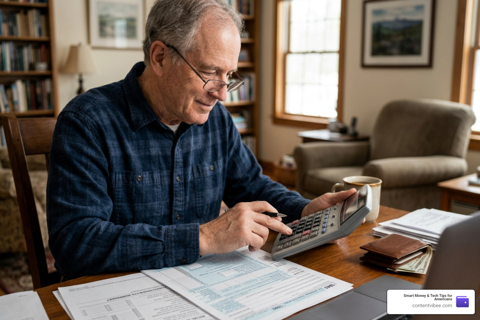 Retiree using a calculator alongside IRS tax forms to calculate combined income