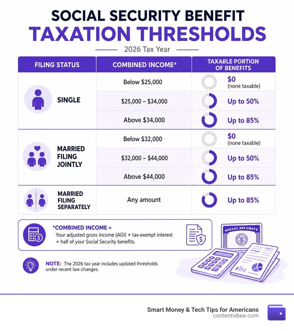 Infographic showing Social Security benefit taxation thresholds and taxable percentage tiers by filing status infographic