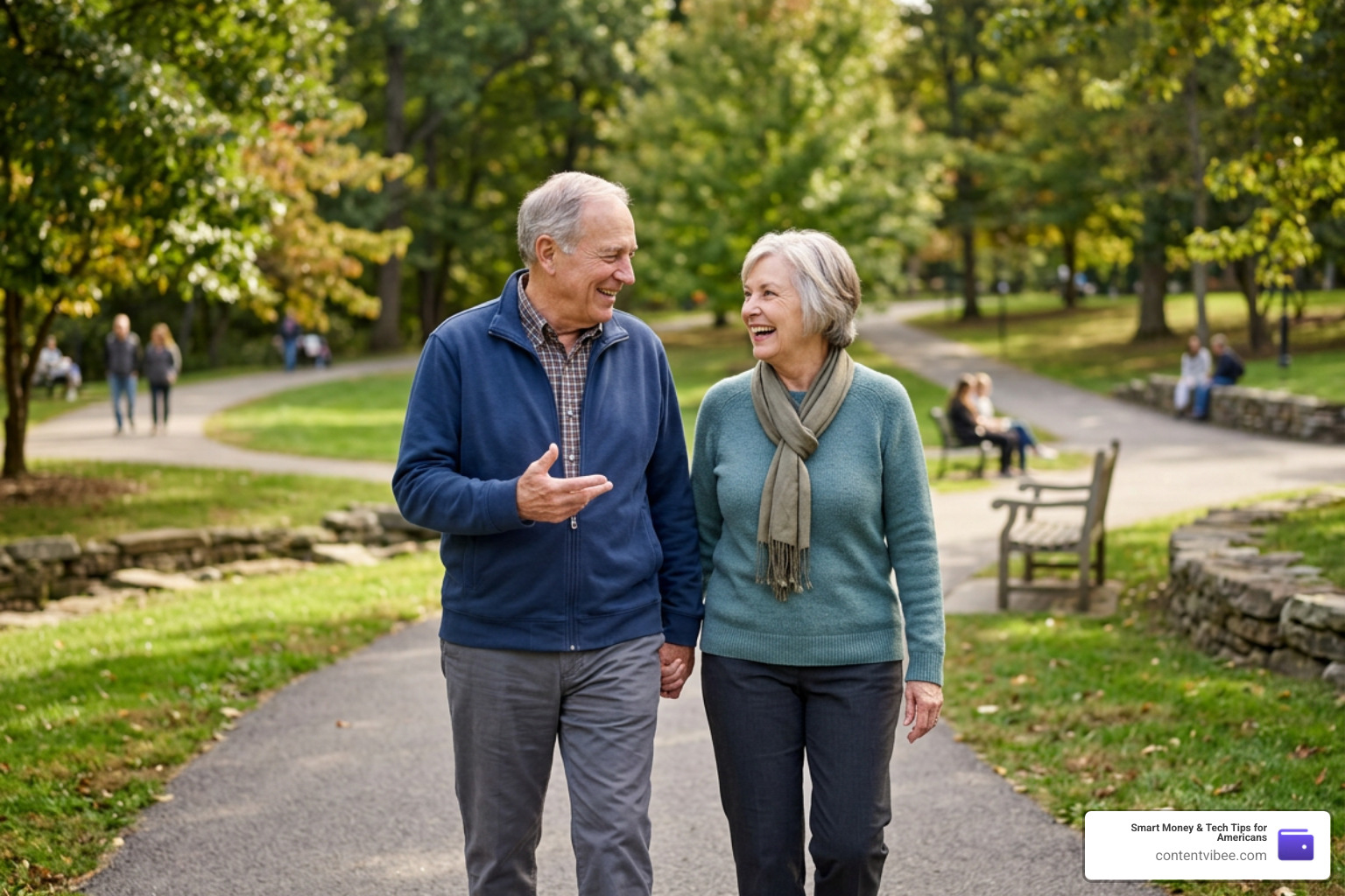 Happy senior couple walking outdoors, realizing they qualify for spousal benefits