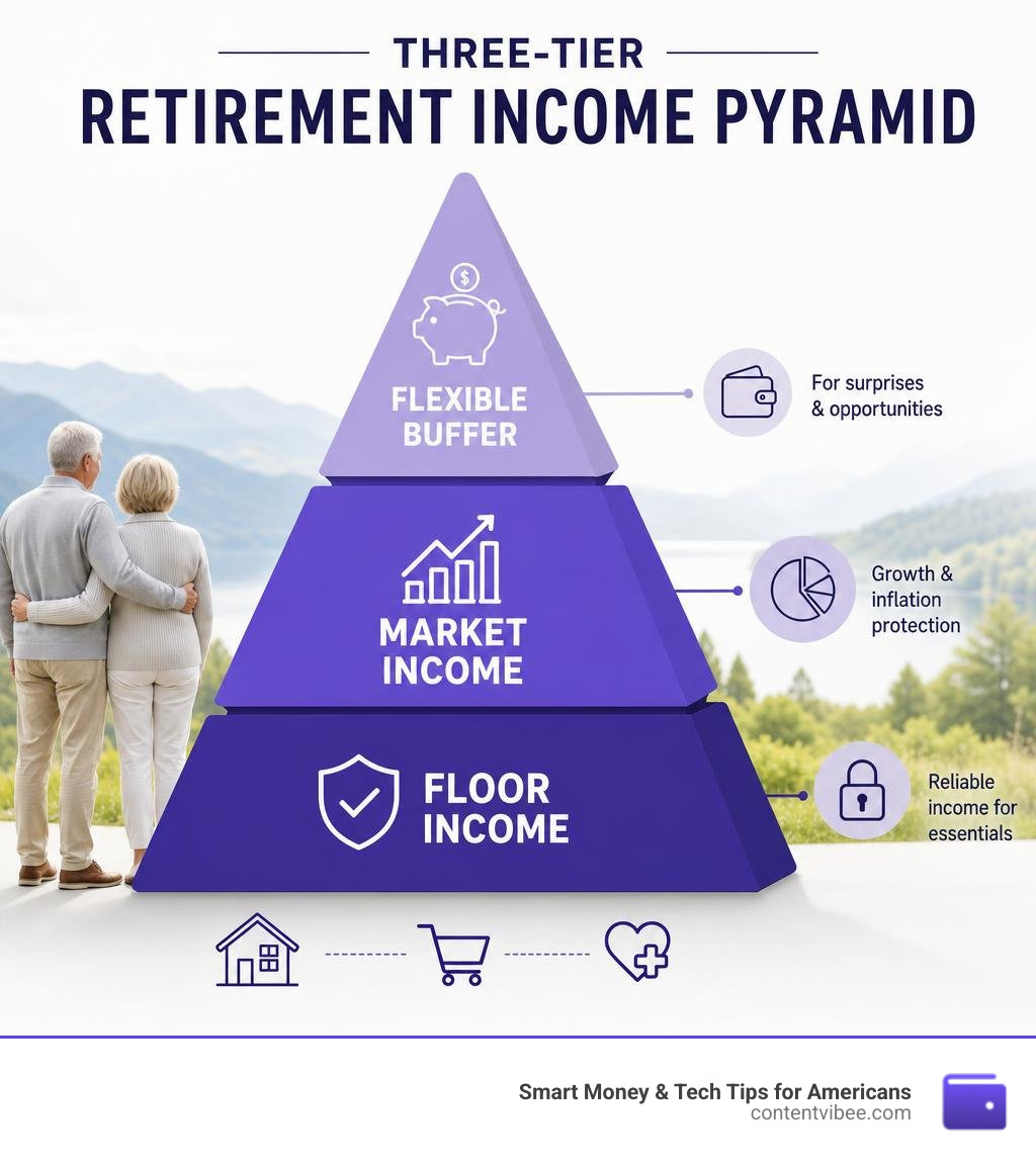 Three-tier retirement income pyramid: floor income, market income, flexible buffer infographic