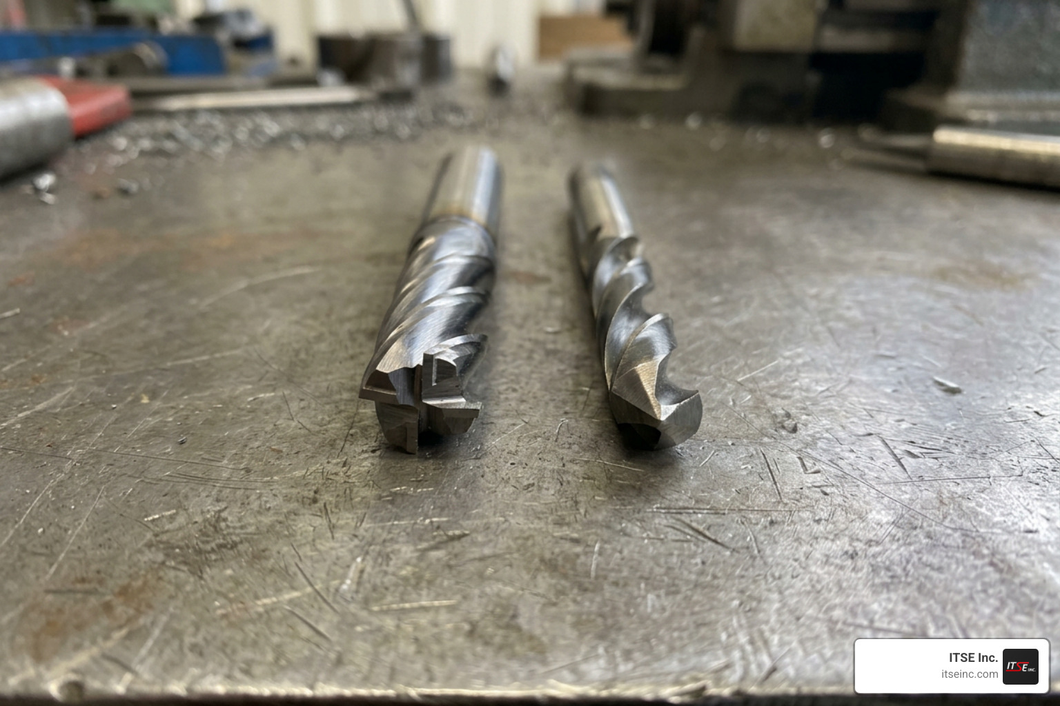 Comparison of a CNC end mill and a standard drill bit showing cutting directions