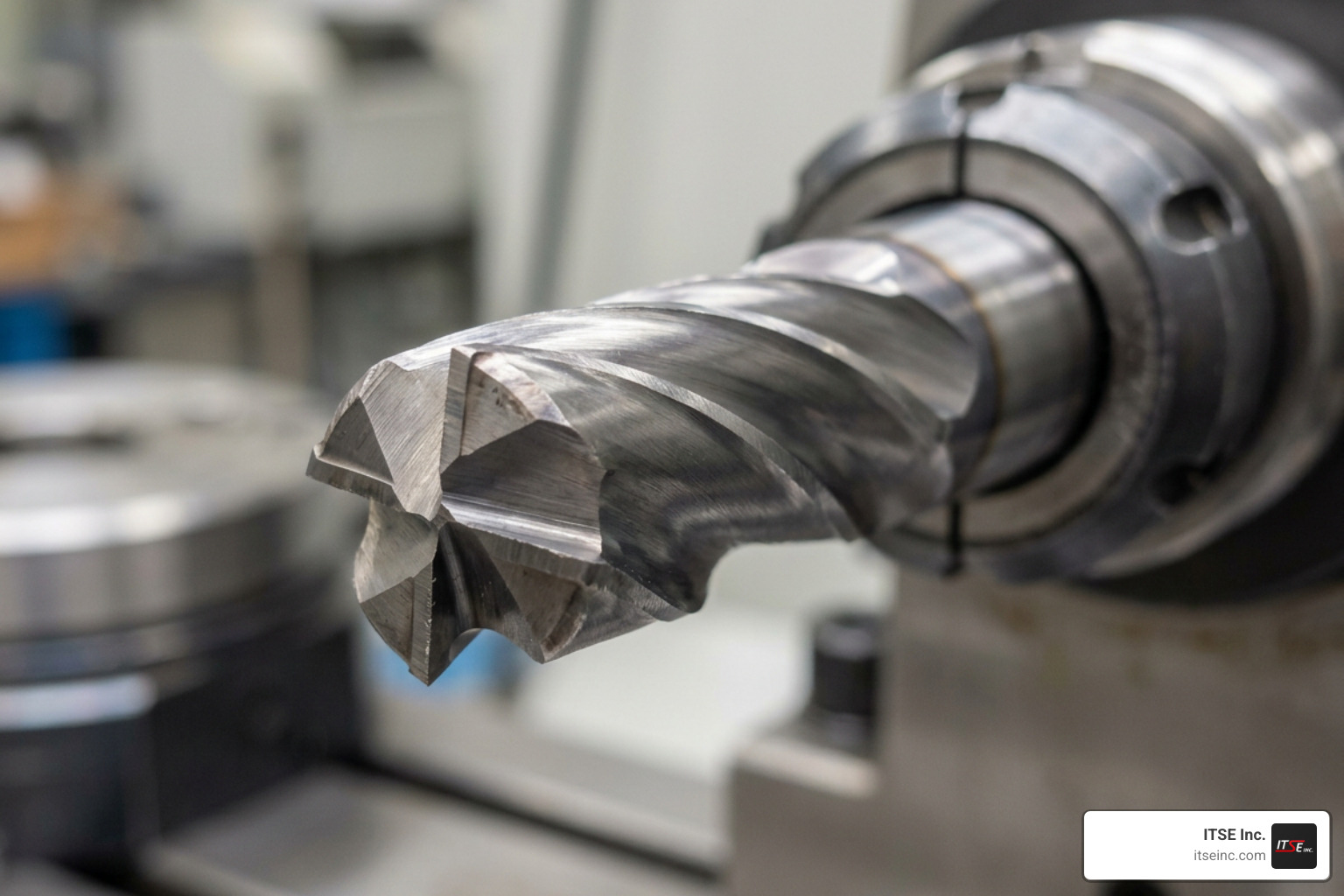 Diagram showing close-up of end mill flutes, helix angle, and cutting edge relief