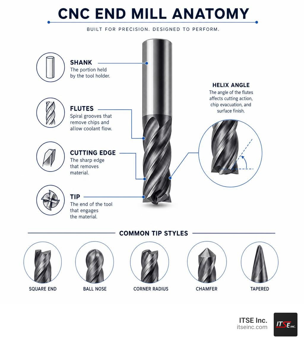Infographic showing CNC end mill anatomy: shank, flutes, cutting edge, helix angle, and tip styles infographic