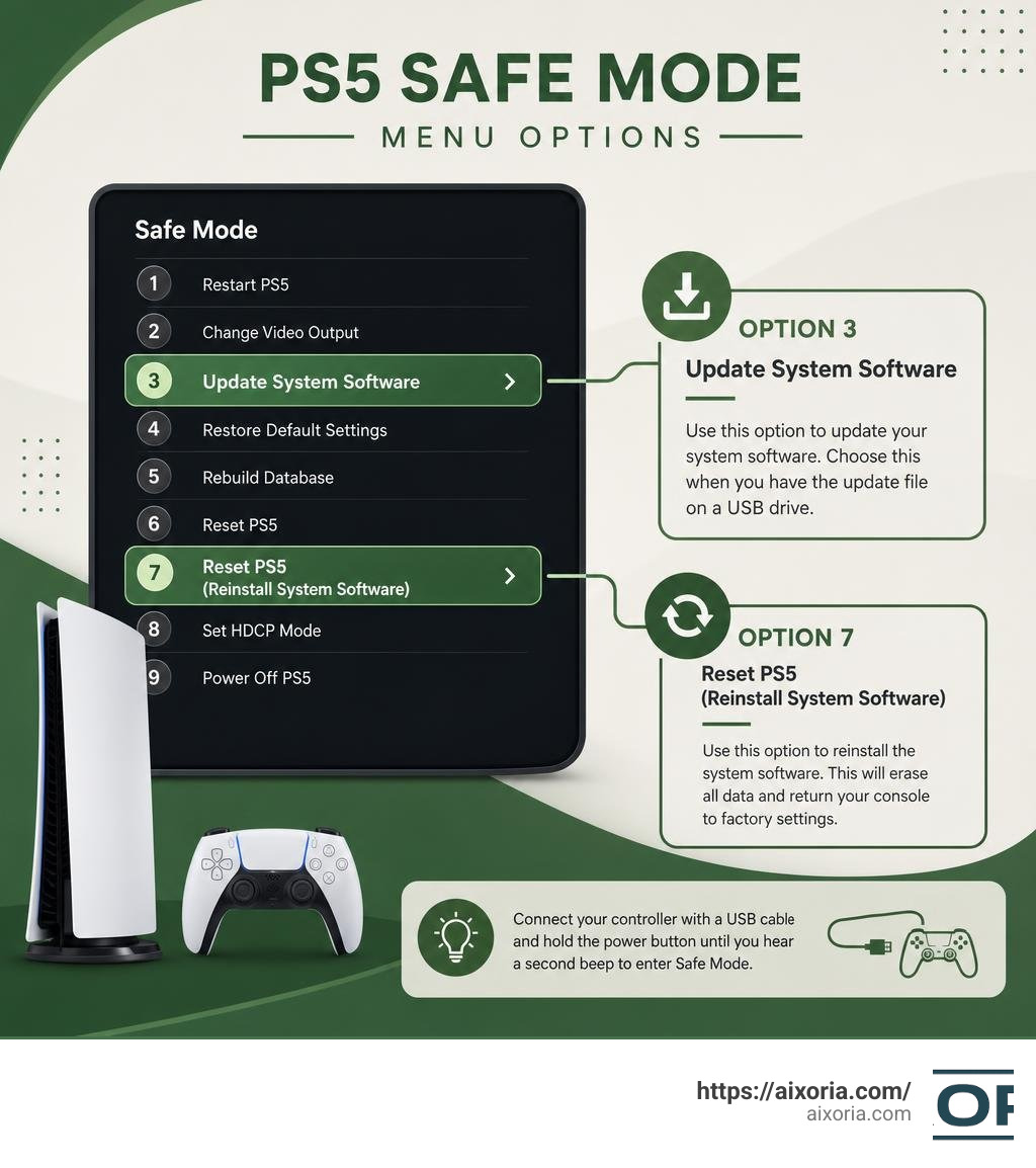 An infographic illustrating the PS5 Safe Mode menu options, emphasizing Option 3 and Option 7 infographic
