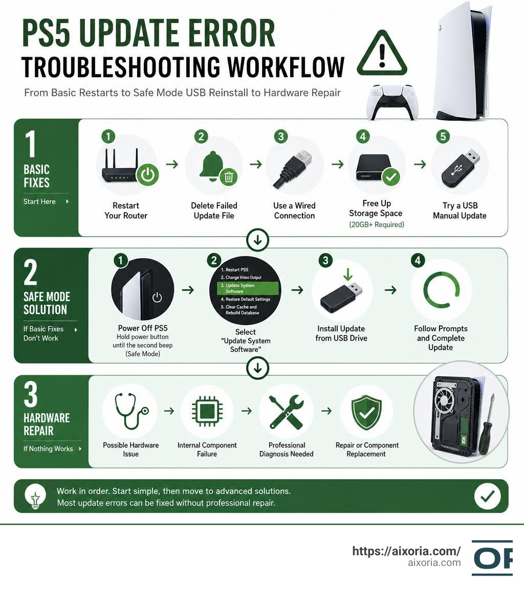 PS5 update error troubleshooting workflow from basic restarts to Safe Mode USB reinstall to hardware repair infographic