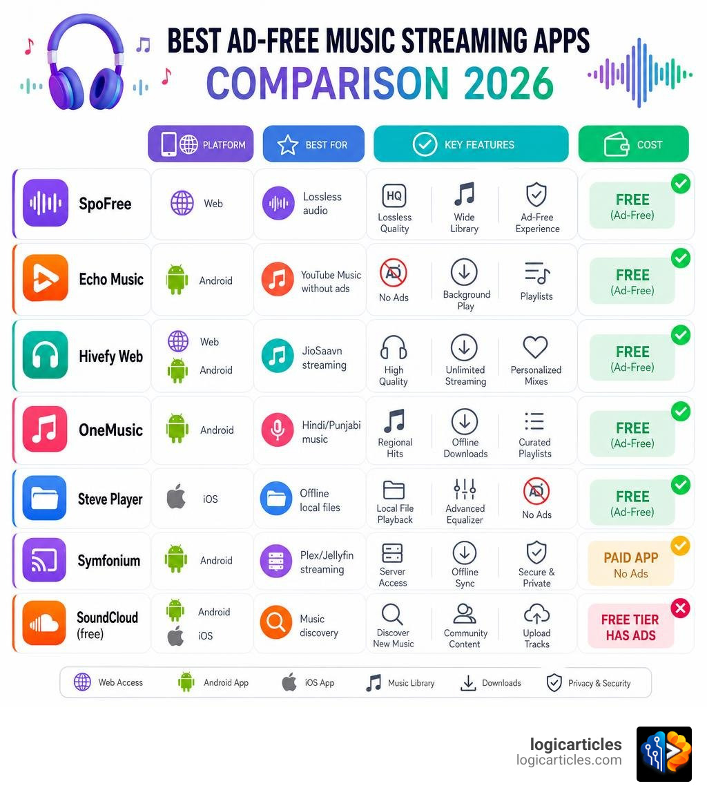 Comparison infographic of best ad-free music streaming apps by platform, features, and cost infographic Comparison infographic of best ad-free music streaming apps by platform, features, and cost infographic