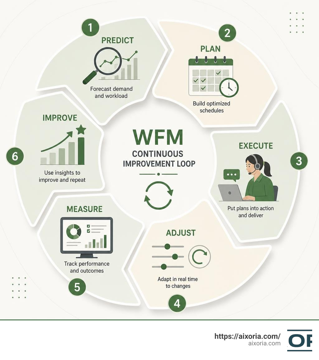 WFM continuous improvement loop: Predict, Plan, Execute, Adjust, Measure, Improve infographic WFM continuous improvement loop: Predict, Plan, Execute, Adjust, Measure, Improve infographic