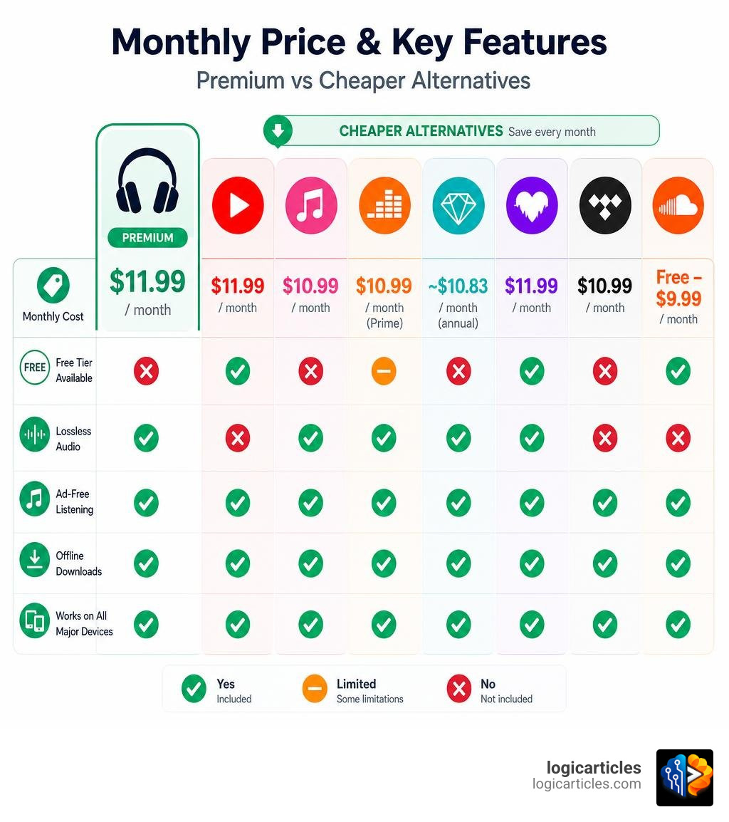 Infographic showing Spotify Premium price vs cheaper alternatives with monthly costs and key features infographic