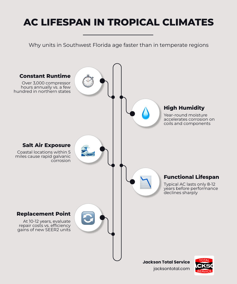 Infographic showing AC lifespan comparison: 15-20 years temperate vs 8-12 years tropical, with key aging factors listed Infographic showing AC lifespan comparison: 15-20 years temperate vs 8-12 years tropical, with key aging factors listed