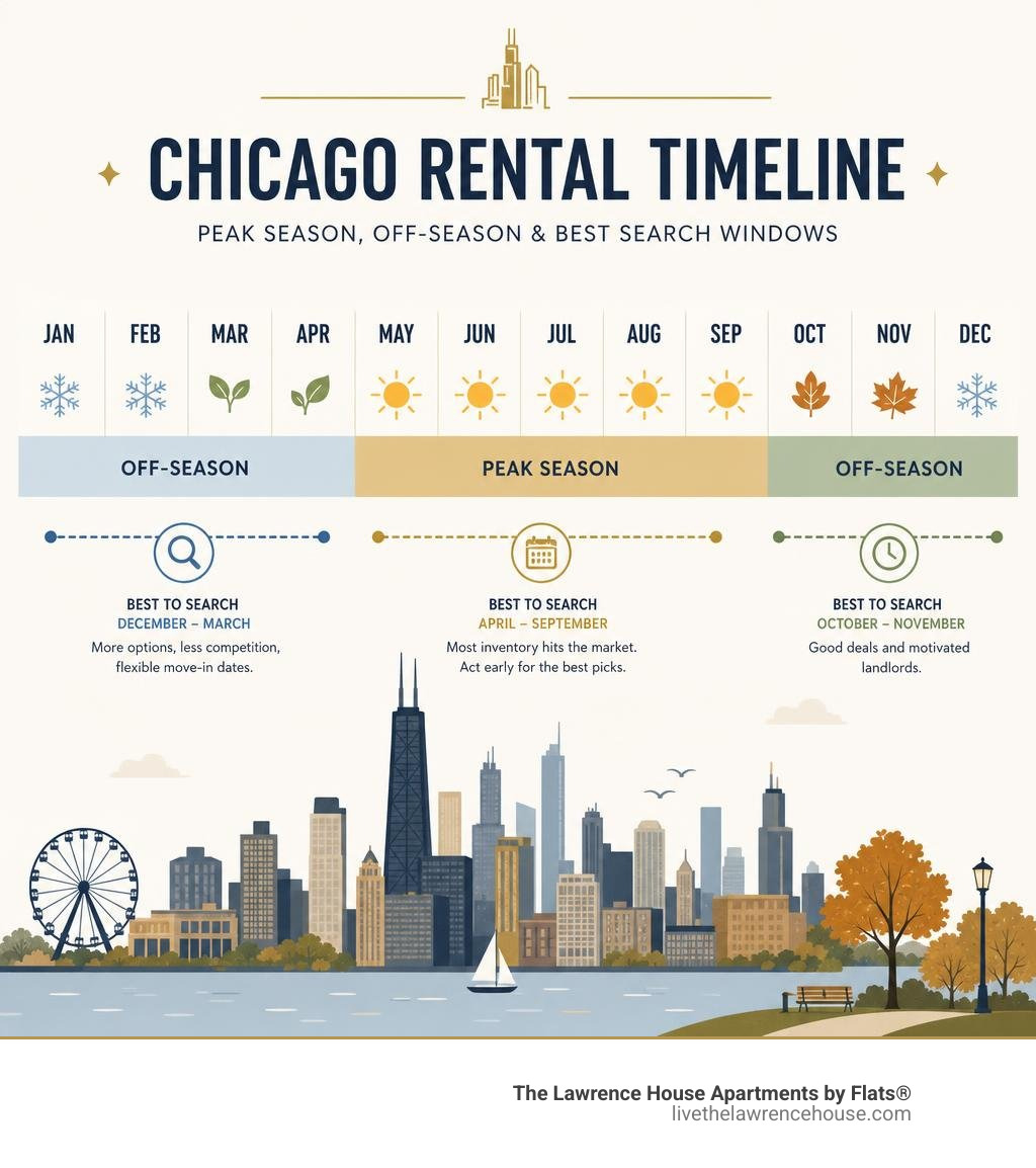 Chicago rental timeline infographic showing peak season, off-season, and best search windows by month infographic Chicago rental timeline infographic showing peak season, off-season, and best search windows by month infographic