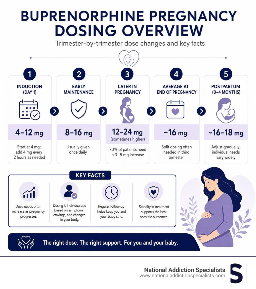 Buprenorphine pregnancy dosing overview infographic showing trimester-by-trimester dose changes and key facts infographic Buprenorphine pregnancy dosing overview infographic showing trimester-by-trimester dose changes and key facts infographic