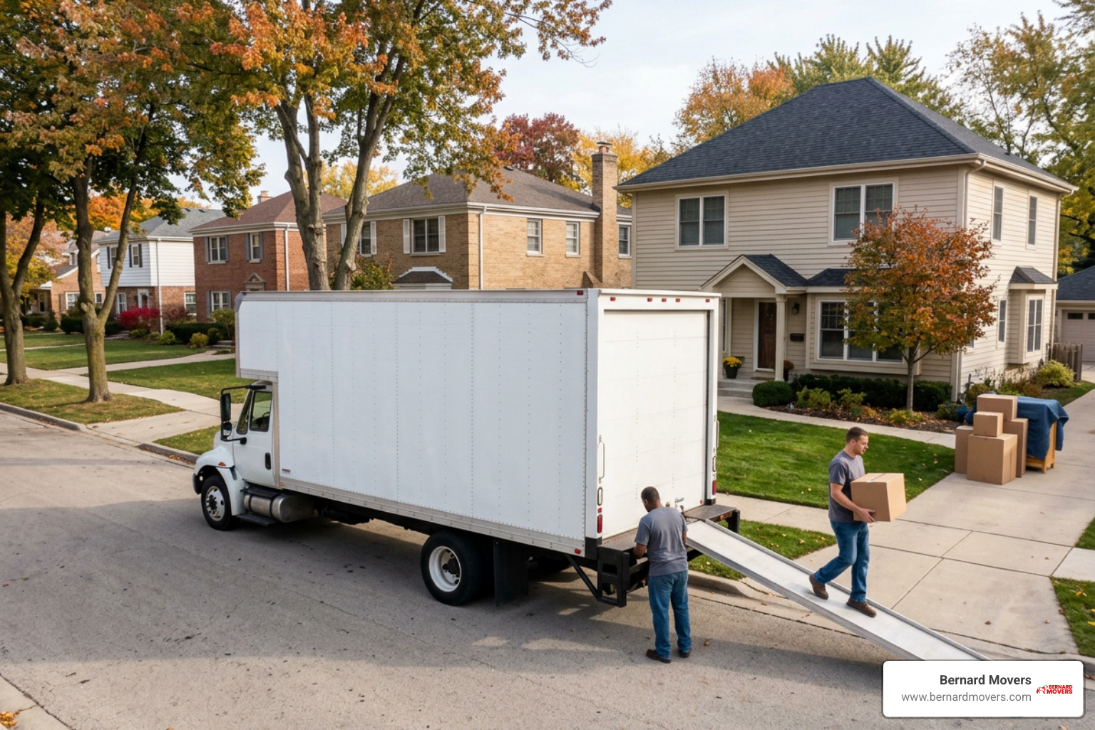 A moving truck parked in an Illinois neighborhood A moving truck parked in an Illinois neighborhood