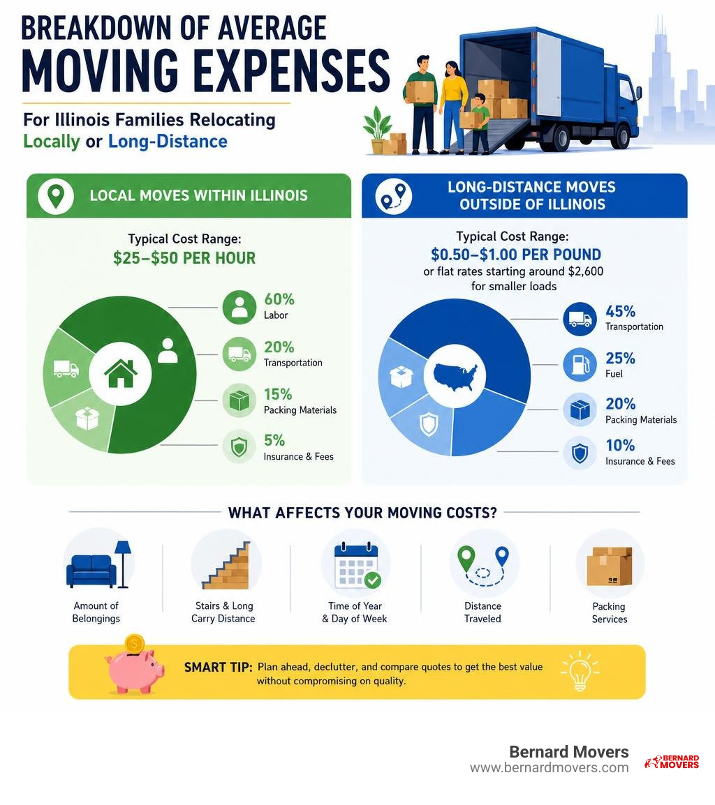 Breakdown of average moving expenses for Illinois families relocating locally or long-distance infographic Breakdown of average moving expenses for Illinois families relocating locally or long-distance infographic