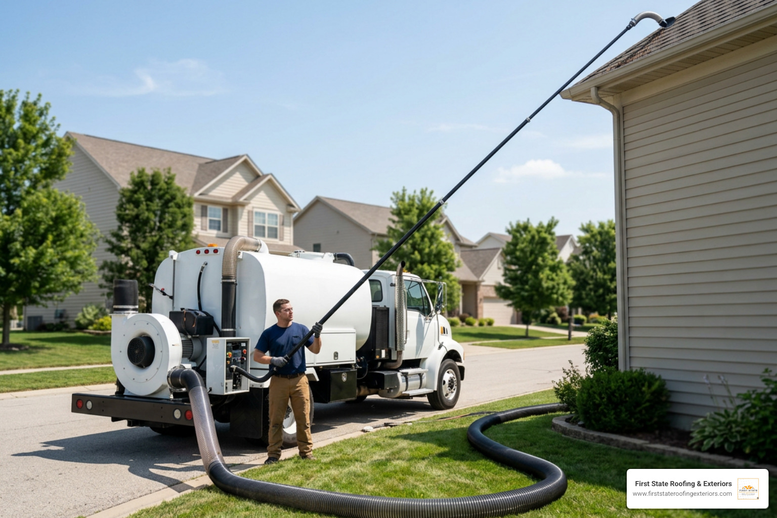 professional ground-based gutter vacuuming system in action professional ground-based gutter vacuuming system in action